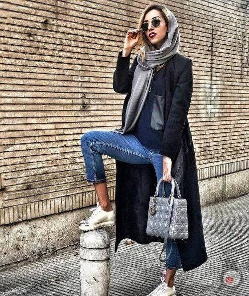 استایل دخترانه خیابانی با شال طوسی استایل دخترانه خیابانی با شال طوسی